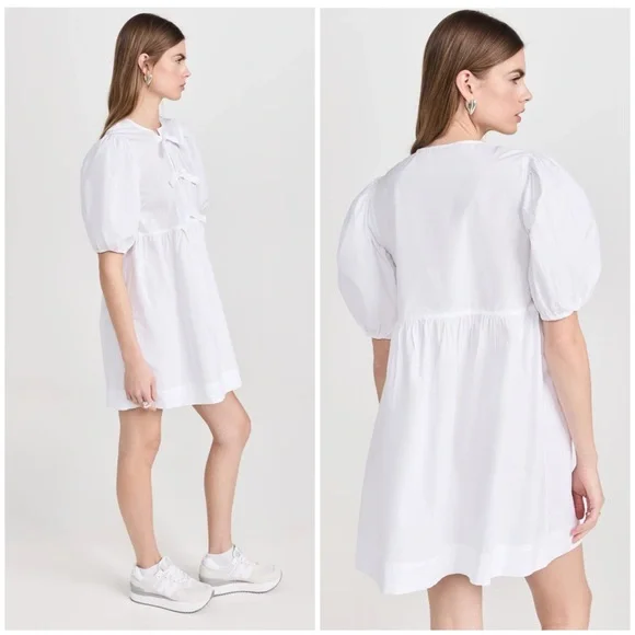 GANNI Cotton Poplin Tie String White Puff Sleeve Mini Dress EU Sz 34 / US sz 2 - Picture 2 of 13